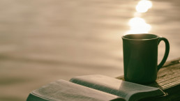 A book and cup beside a lake